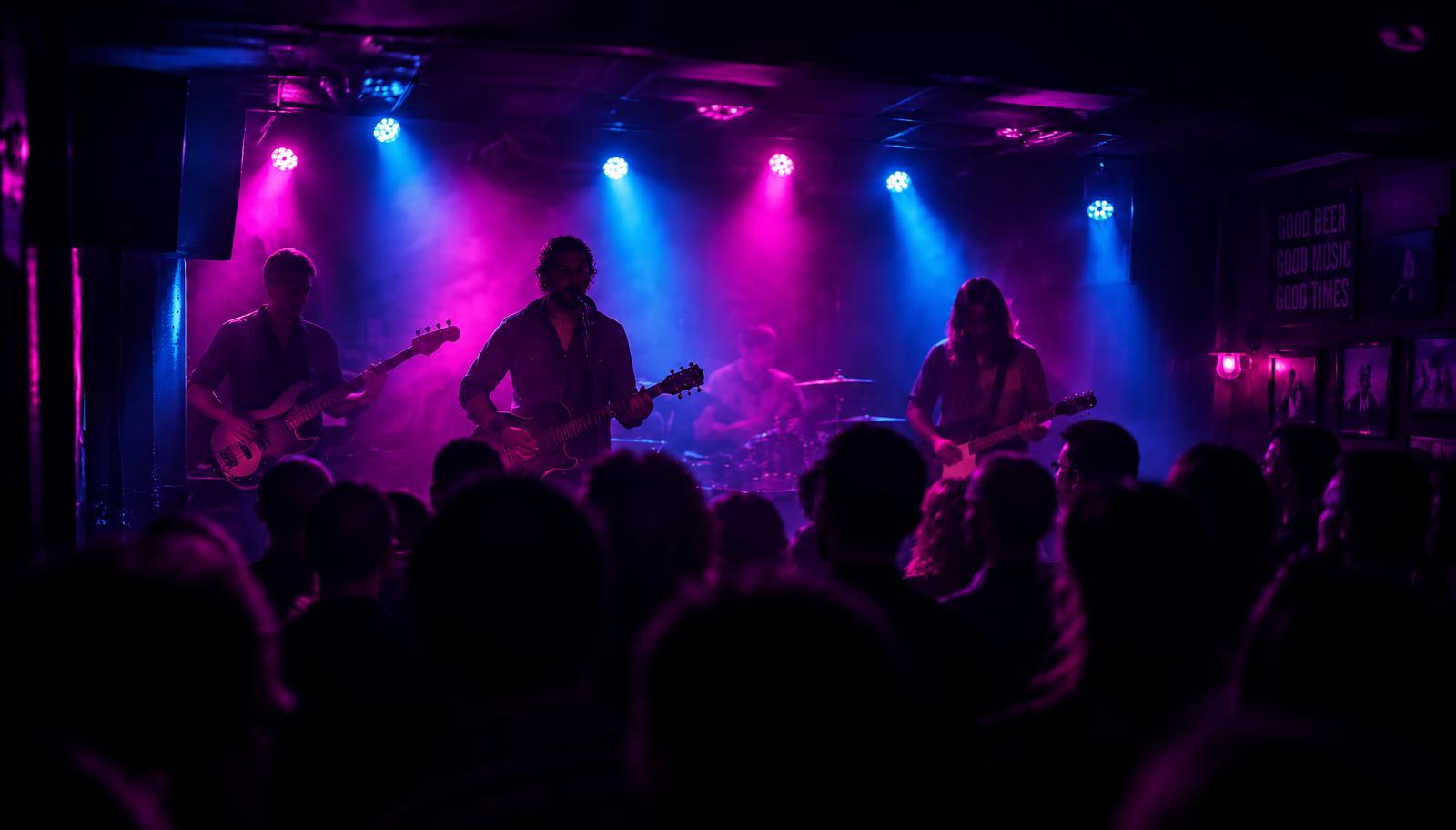 Band playing on a small bar stage under blue and pink club lights